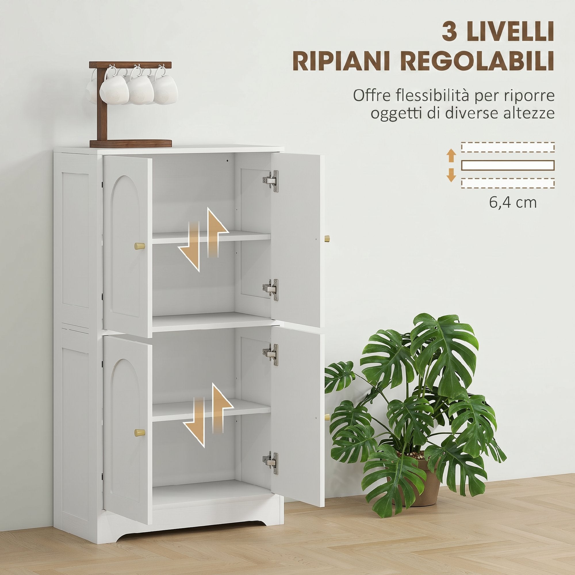 Wooden Kitchen Sideboard with 2 Cabinets, 4 Doors, 2 Adjustable Shelves, for Dining Room, Living Room, White