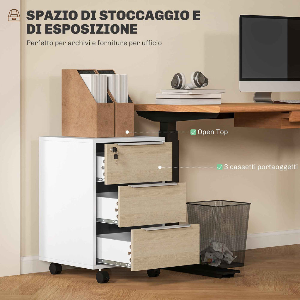 Office Filing Cabinet with 3 Drawers, 4 Wheels, Office Drawer Unit with Lock and 2 Keys, White and Oak