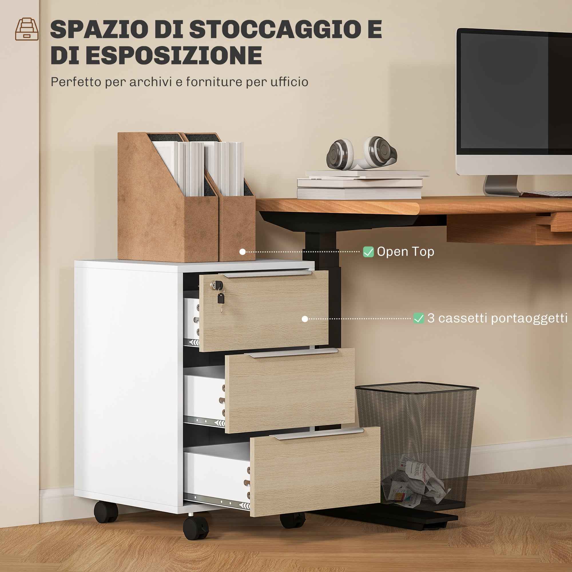 Office Filing Cabinet with 3 Drawers, 4 Wheels, Office Drawer Unit with Lock and 2 Keys, White and Oak