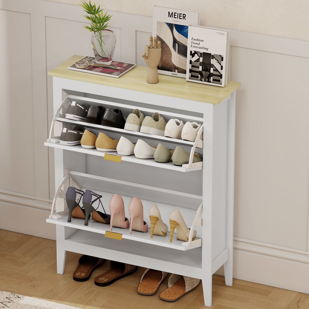 Slim Boho Style Shoe Rack with 2 Folding Drawers for 14 Pairs of Shoes, 80x24x95.5 cm, White