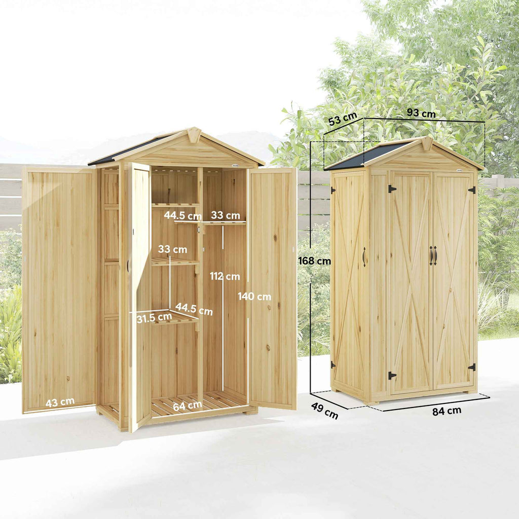 Outsunny 3-Door Garden Cabinet with 4 Shelves and Hooks, in Fir Wood, 93x53x168 cm, Wood Color