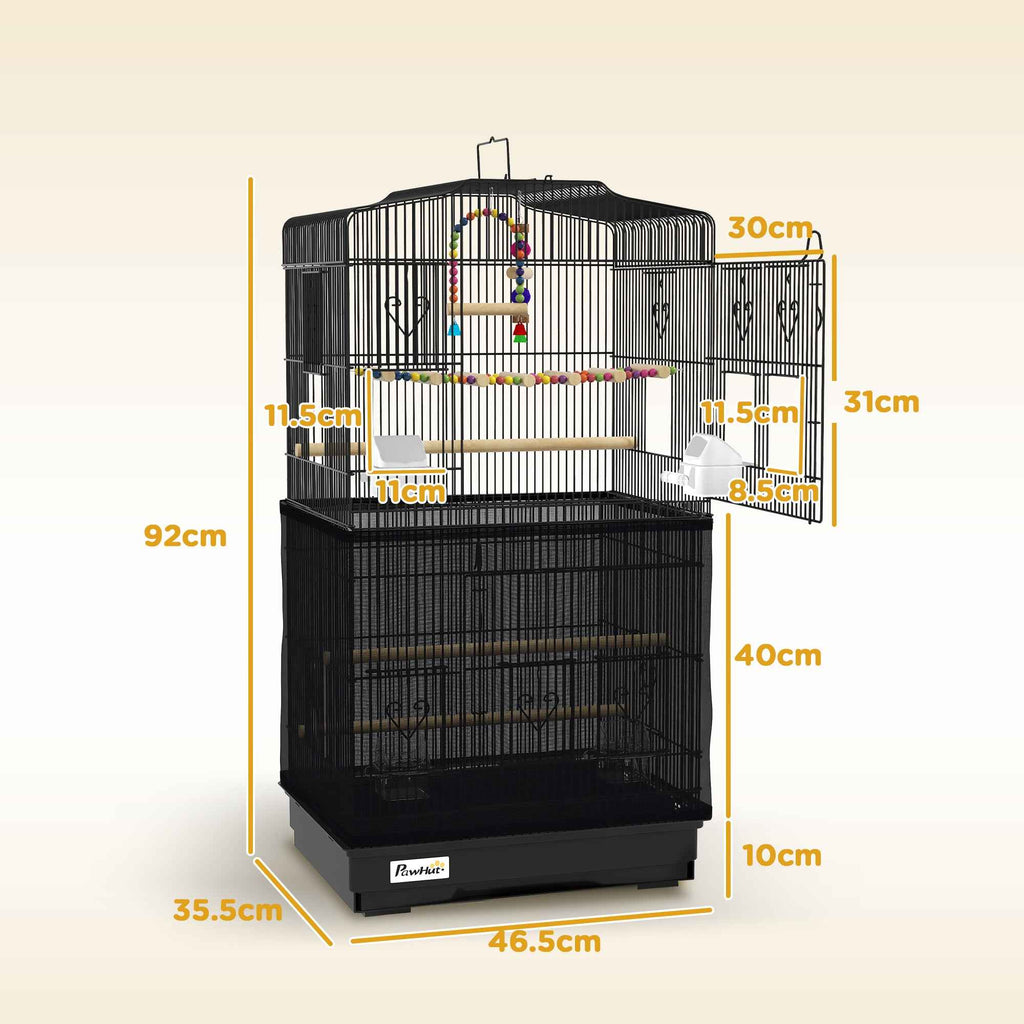 PawHut Bird Cage with Handle, Removable Tray, Wooden Perches, Swing and Bowls, 46.5x35.5x92cm, Black