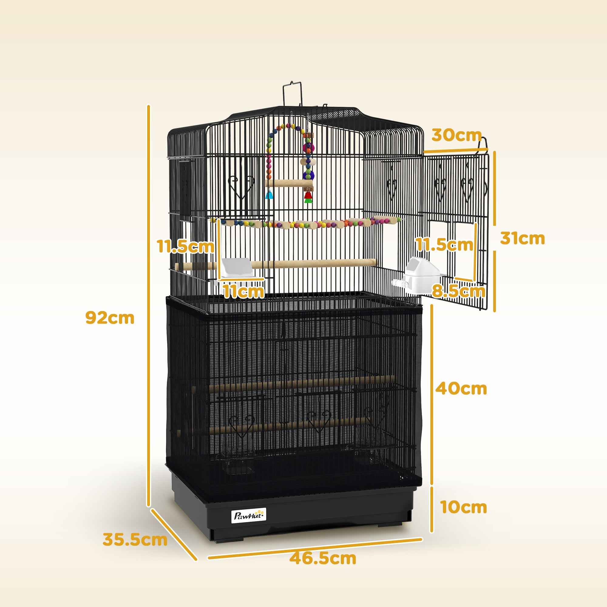 PawHut Bird Cage with Handle, Removable Tray, Wooden Perches, Swing and Bowls, 46.5x35.5x92cm, Black