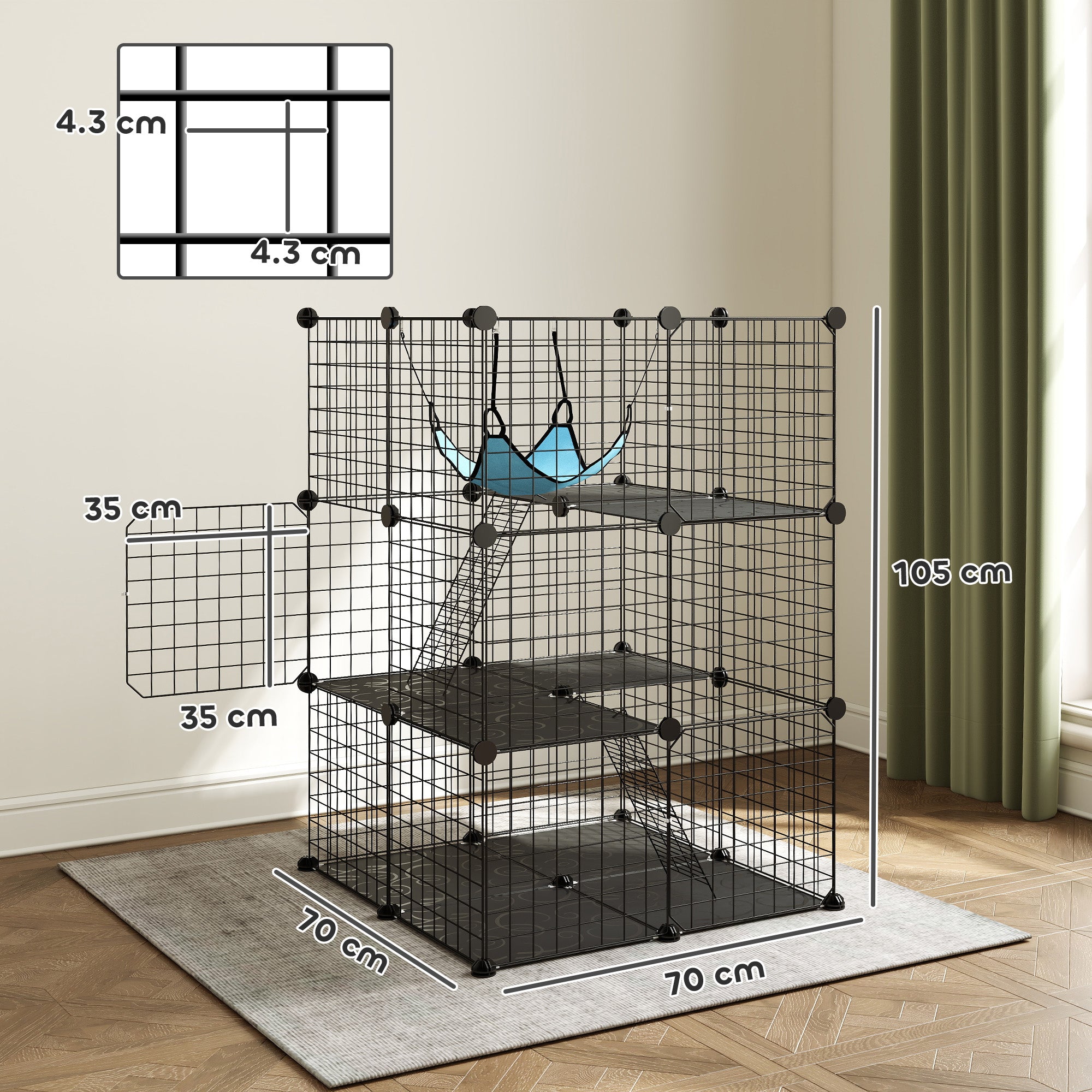 PawHut Cat Cage, Customizable 3-Tier Enclosure, 105cm, Black