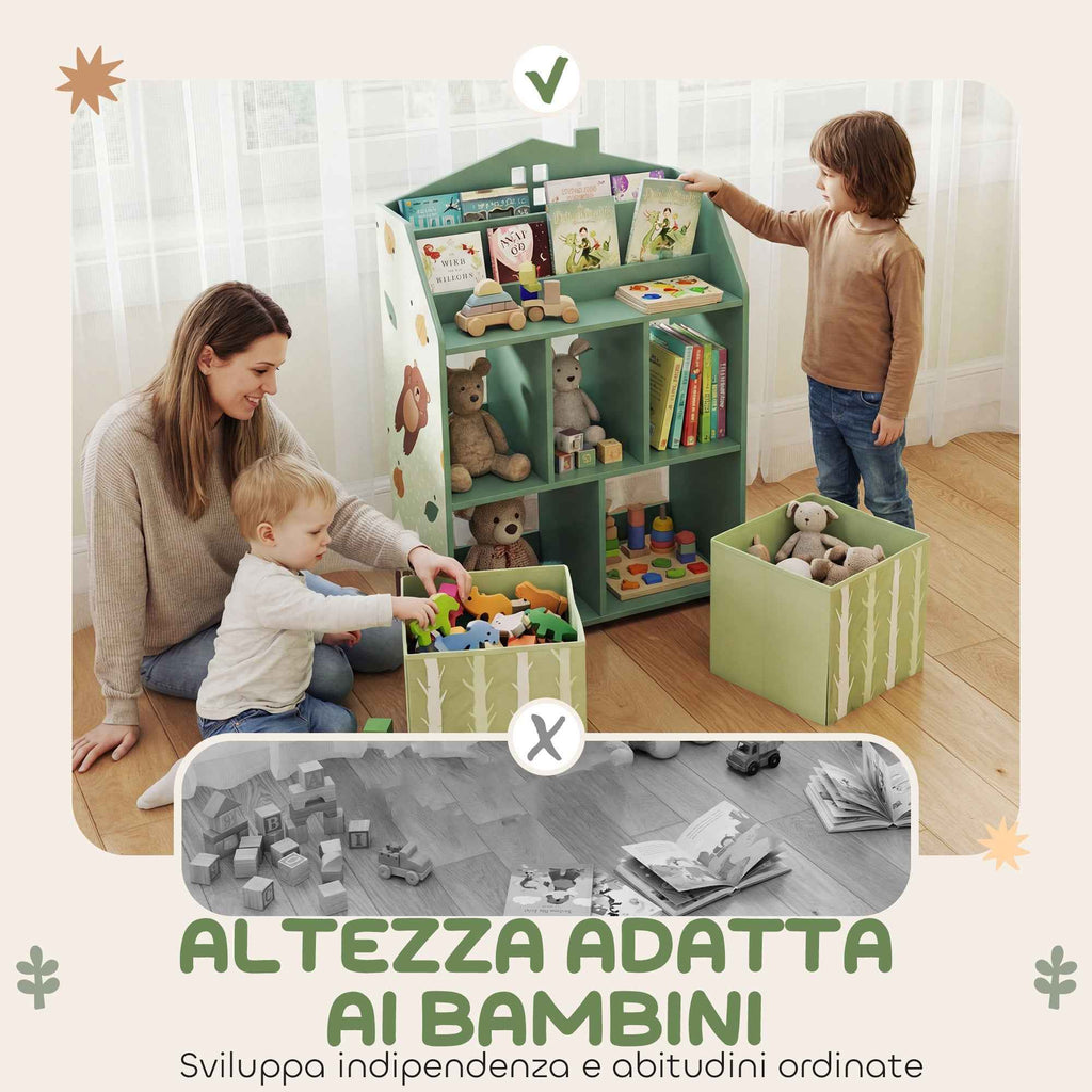 AIYAPLAY Children's Toy Storage Shelf in FSC Wood, 2 Removable Fabric Bins and Shelves, for Children's Bedroom, Green