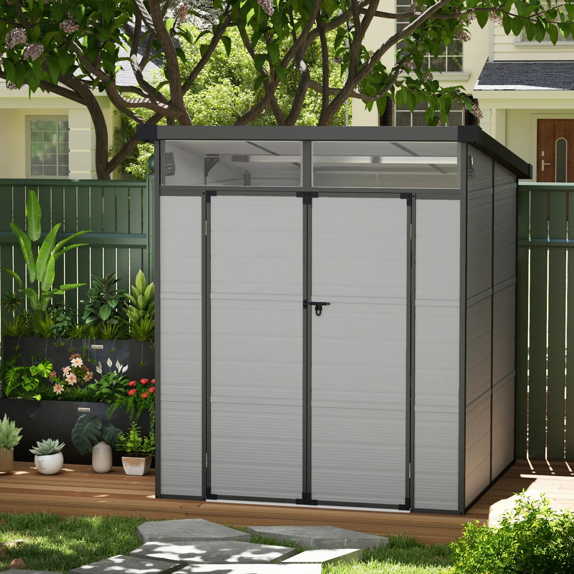 Plastic Garden Shed Tool Storage with Windows, Vents and Lock, 1.9x1.9m, Light Grey