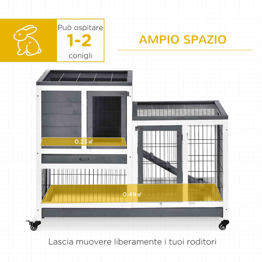 Wooden Rabbit Hutch with Wheels, Removable Trays and House with Ramp, 110x50x88 cm, Grey and White