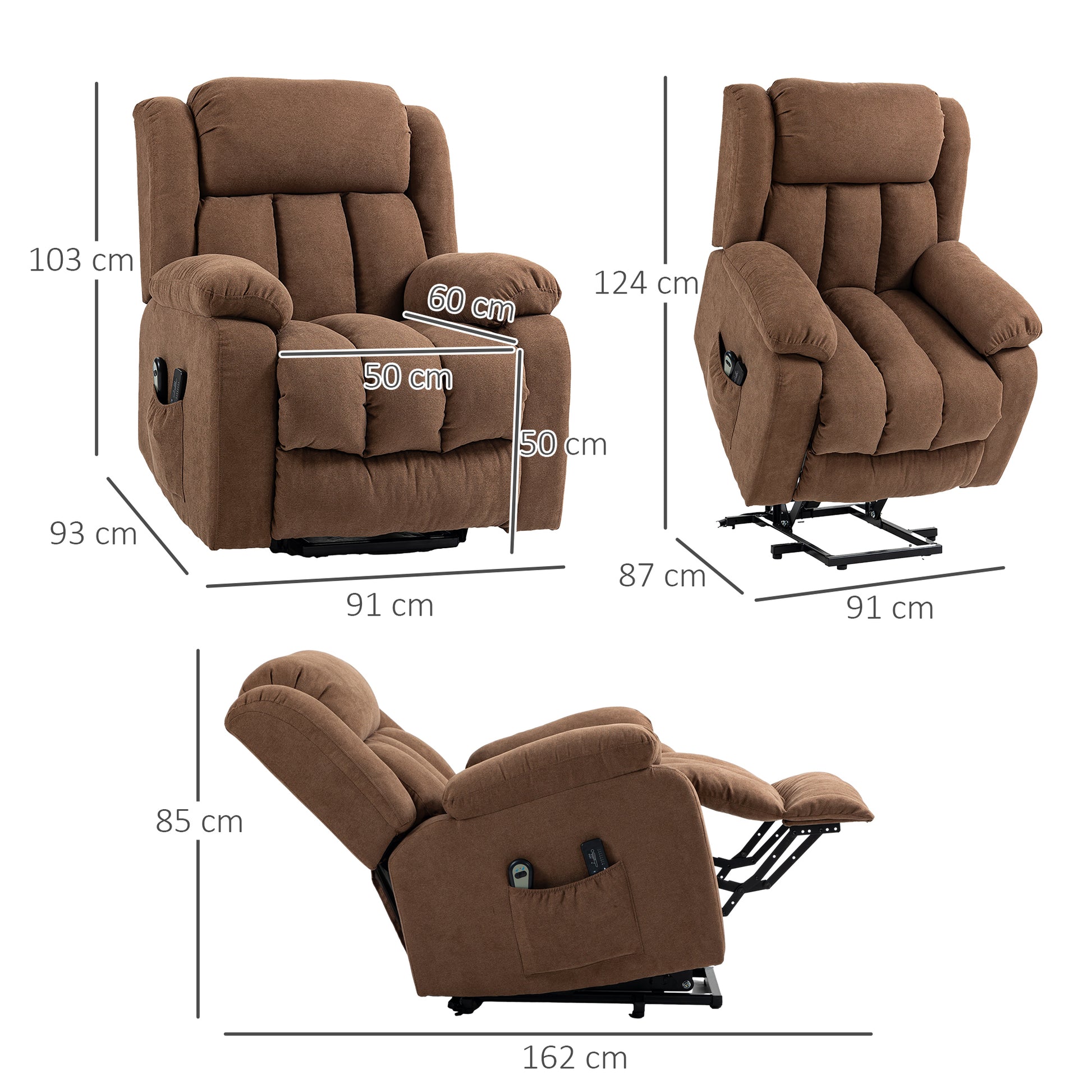 Homcom armchair relaxation with remote control, massant and reclining in fabric, brown - Borgè