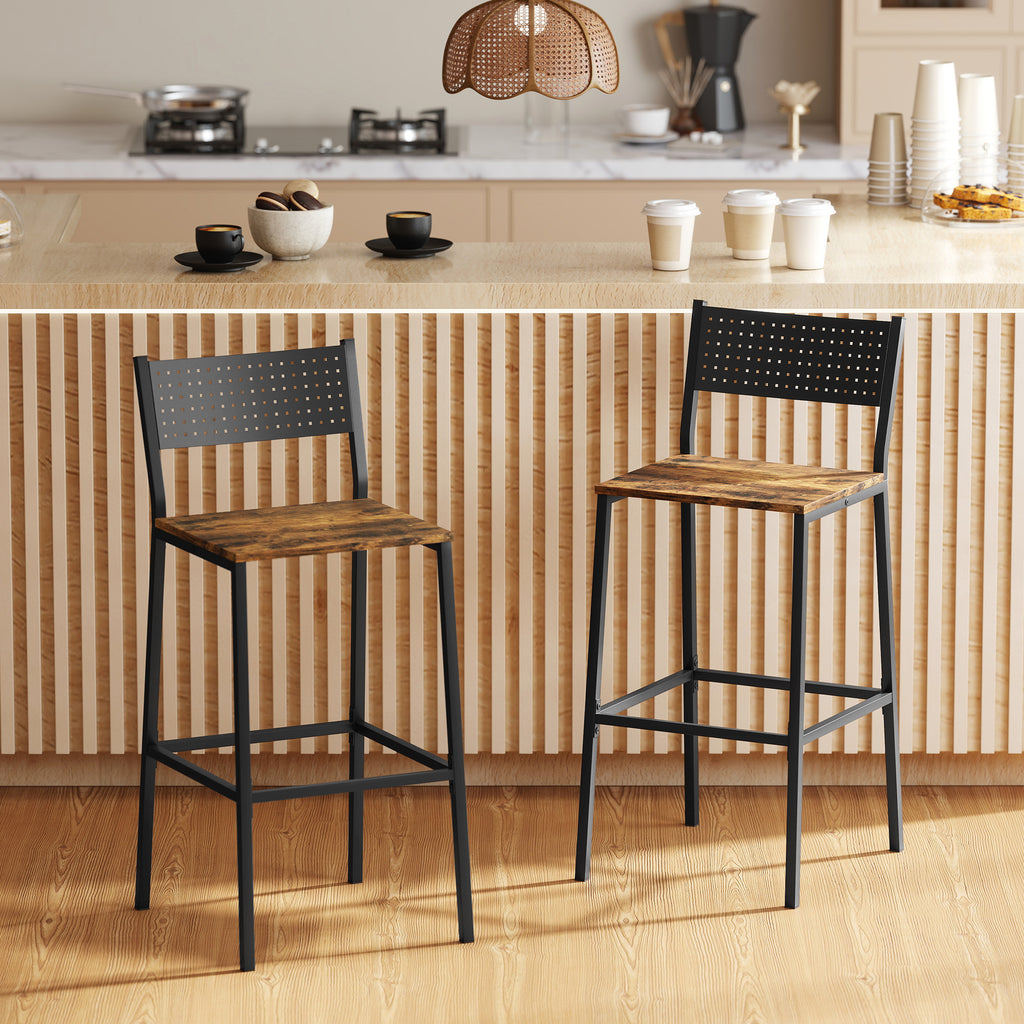 Set of 2 Industrial Style Bar Stools with Backrest and Integrated Footrest, Rustic Brown