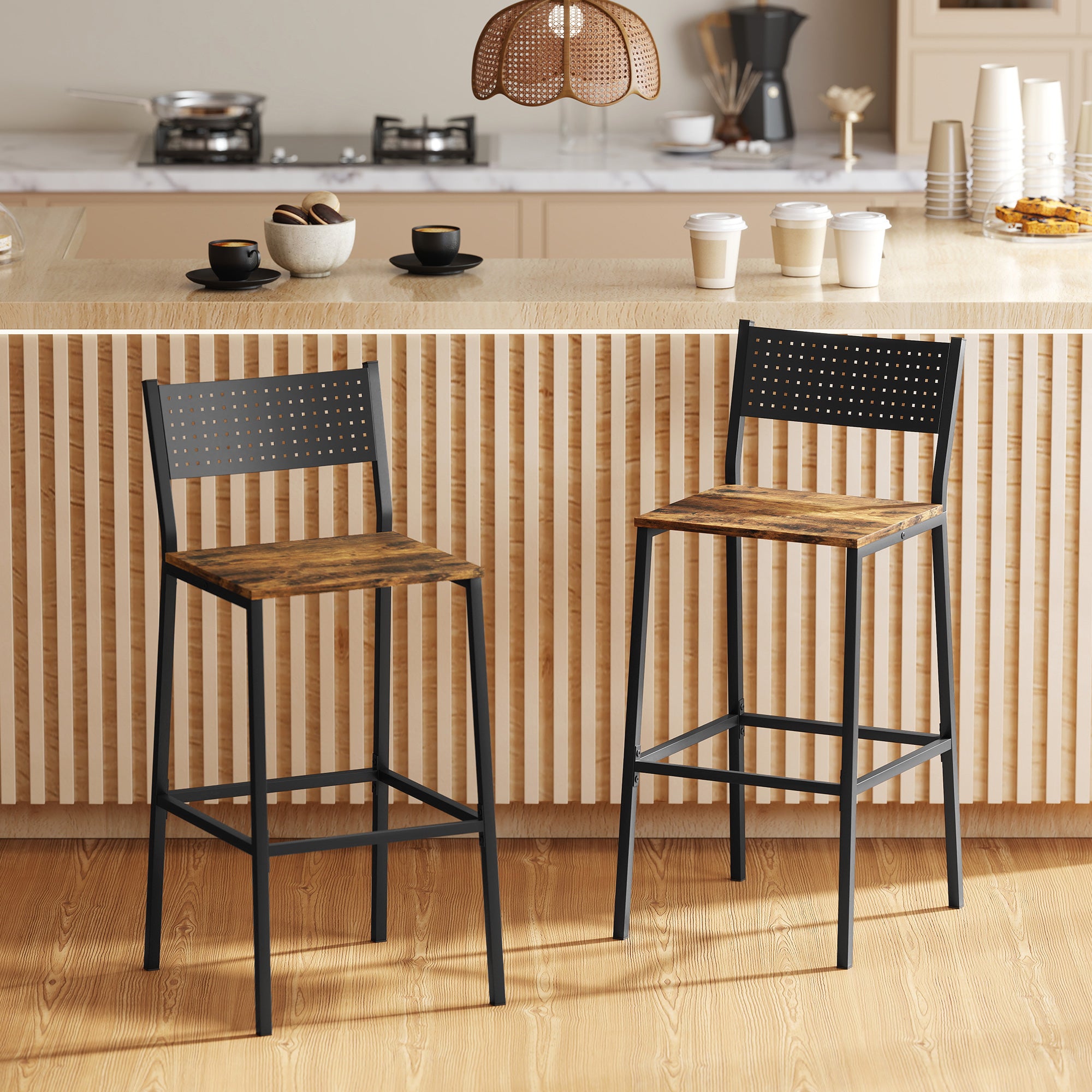 Set of 2 Industrial Style Bar Stools with Backrest and Integrated Footrest, Rustic Brown