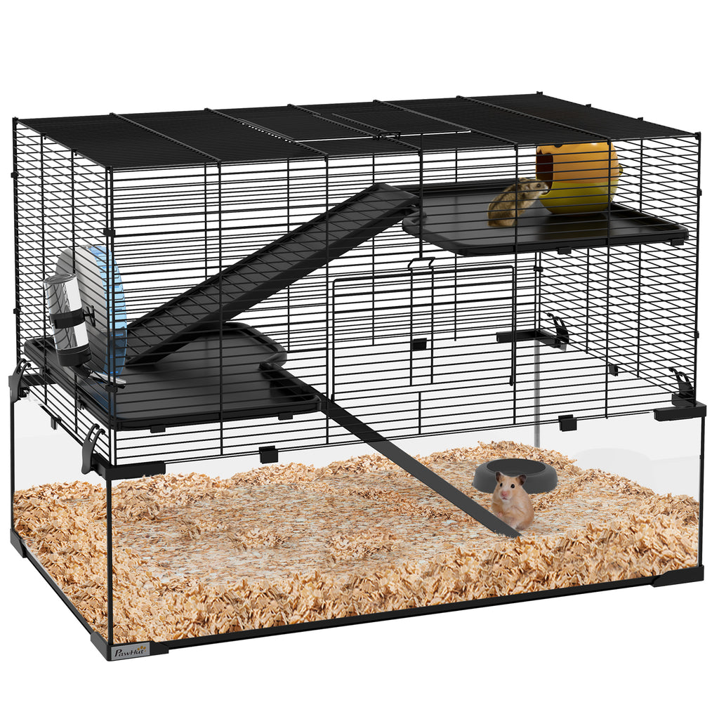 3-Tier Hamster Cage with Tempered Glass Base, Wheel and Accessories, 76.5 x 48.5 x 54.5 cm, Black