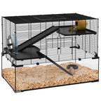 3-Tier Hamster Cage with Tempered Glass Base, Wheel and Accessories, 76.5 x 48.5 x 54.5 cm, Black