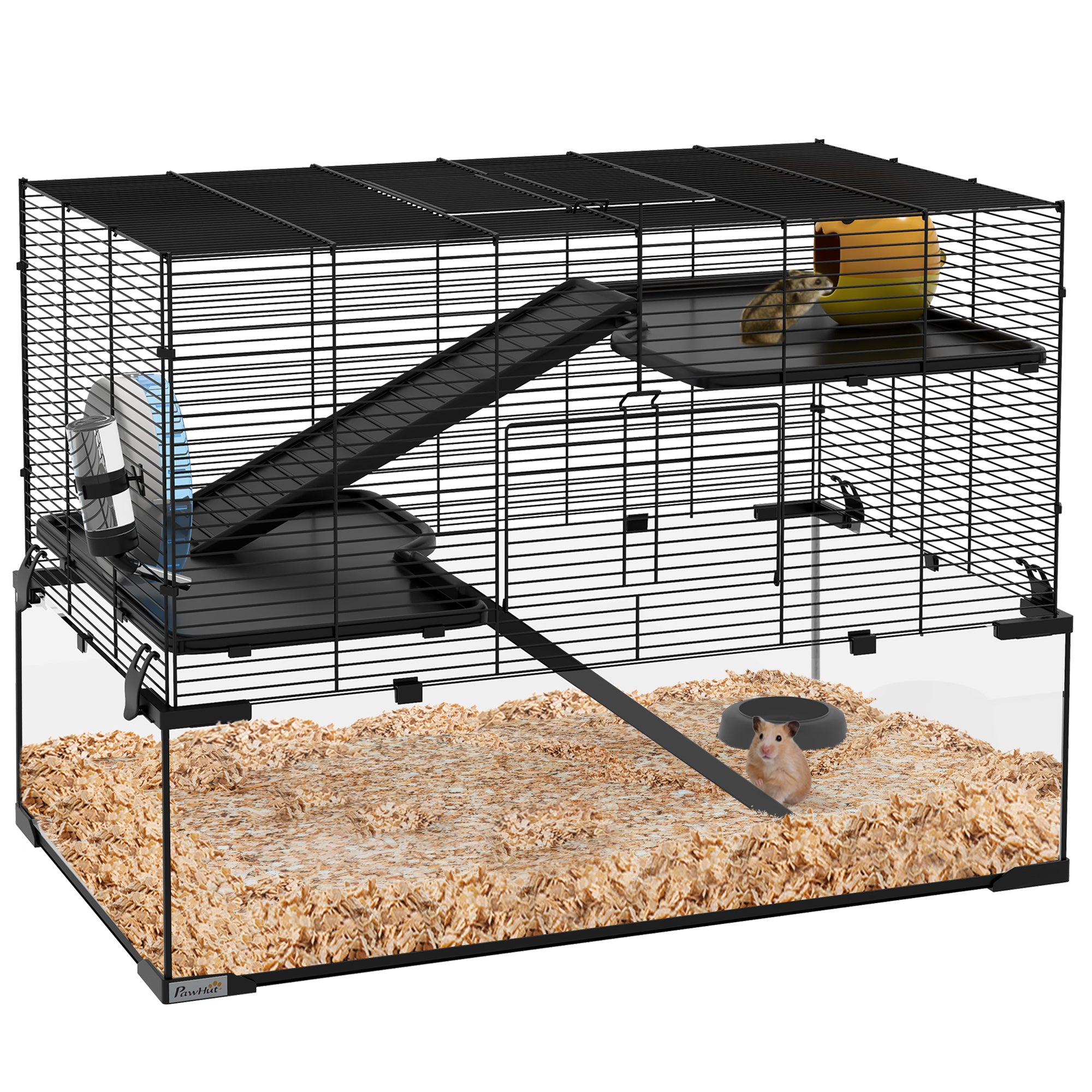 3-Tier Hamster Cage with Tempered Glass Base, Wheel and Accessories, 76.5 x 48.5 x 54.5 cm, Black