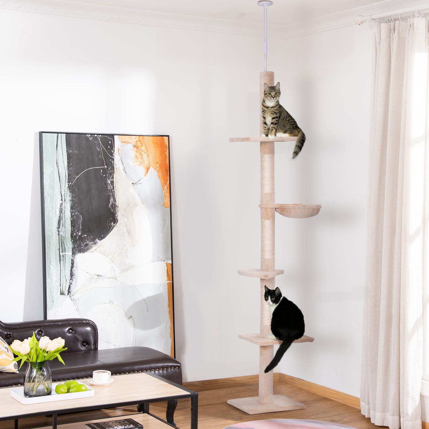 Multi-Level Ceiling Cat Tree with Hammock and Adjustable Height, 40x34x230-260cm, Beige