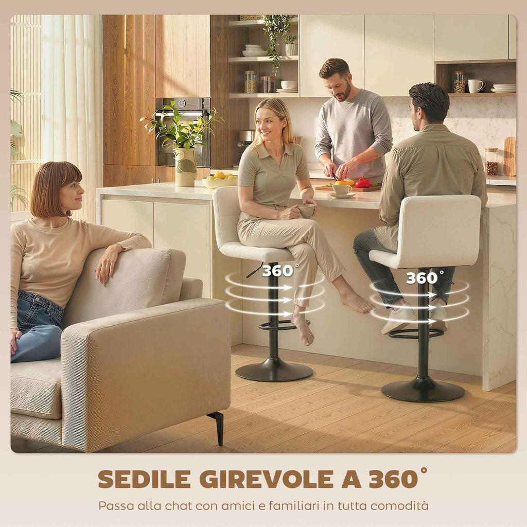 Set of 2 Adjustable Bar Stools with Footrest, PU Leather and Steel, 39.5x44x88-110 cm, Cream