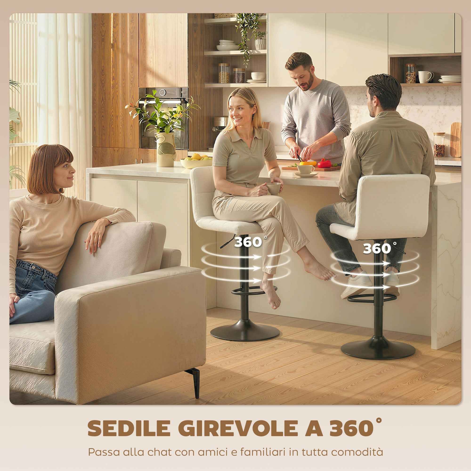 Set of 2 Adjustable Bar Stools with Footrest, PU Leather and Steel, 39.5x44x88-110 cm, Cream