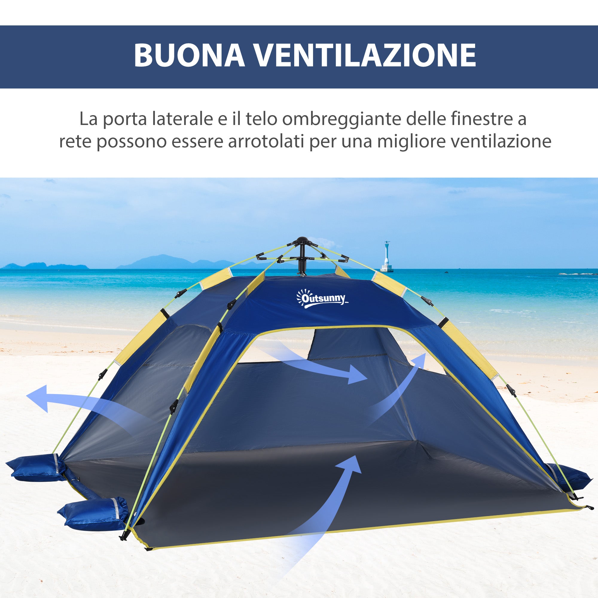 Outsunny Pop Up Beach Tent for 2 People with Windows, Fiberglass and Polyester, 220x173x120 cm, Blue and Yellow