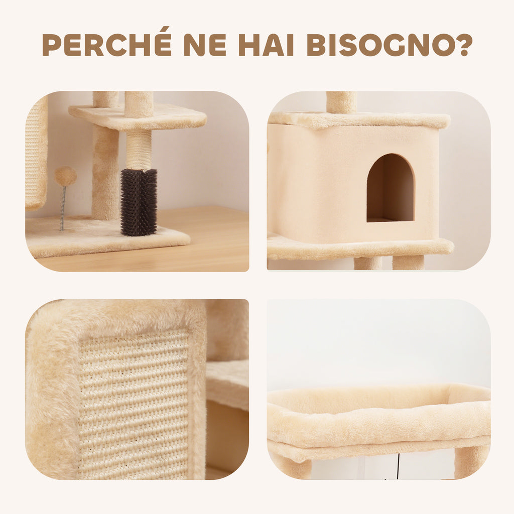 Multi-Level Cat Tree, 132 cm Tall, with House, Bed, Scratching Posts, Brush and Ball, Beige