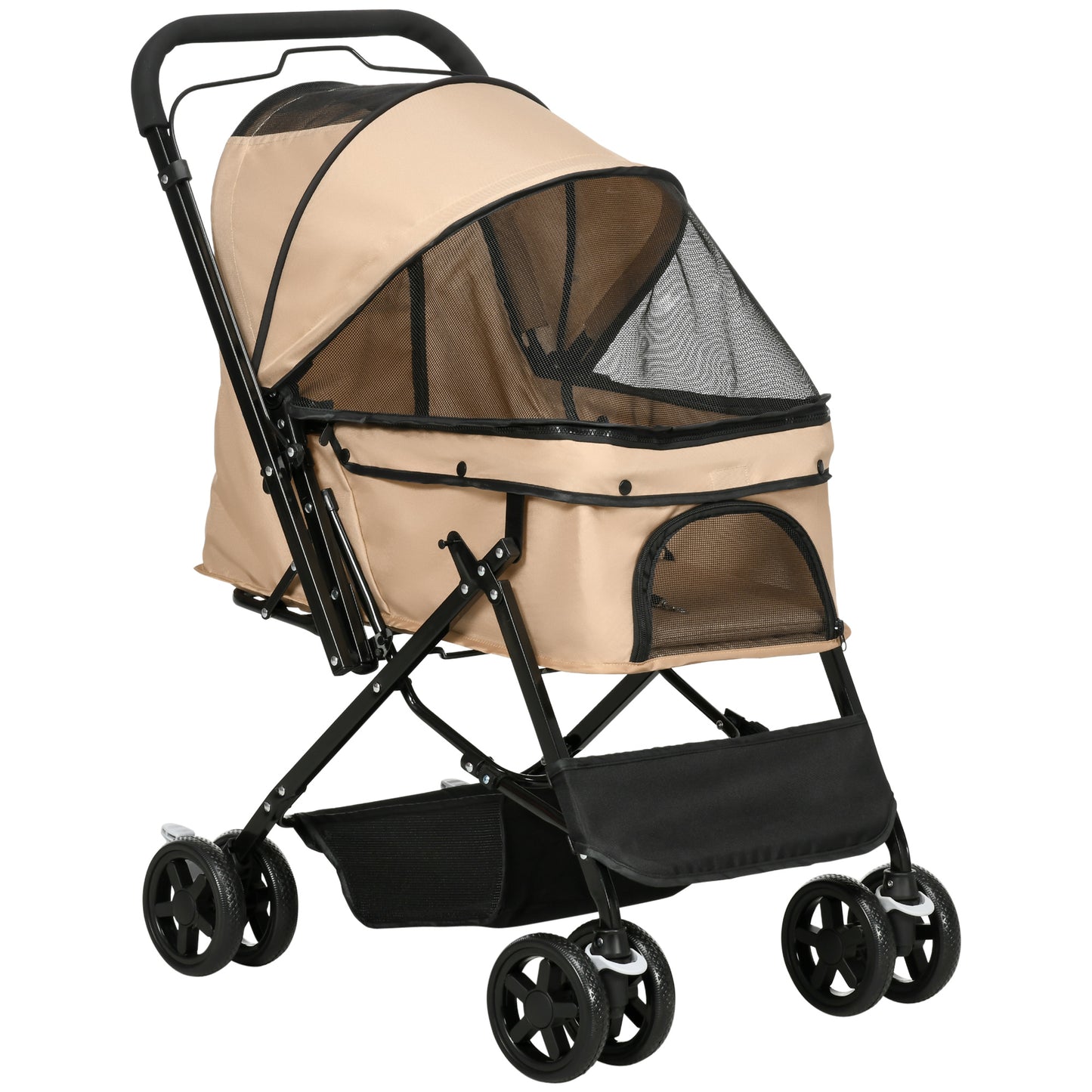 PawHut Foldable Stroller for Small Dogs with Swivel Handle, Wheels with Brakes and Basket, Brown