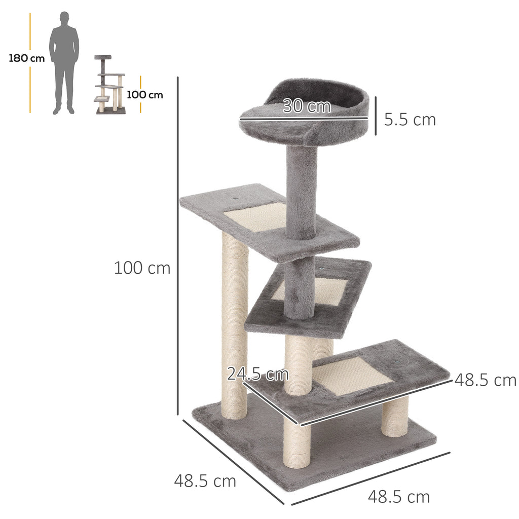 100cm Cat Scratching Post with Round Bed, Sisal Posts and Plush Lining, Grey