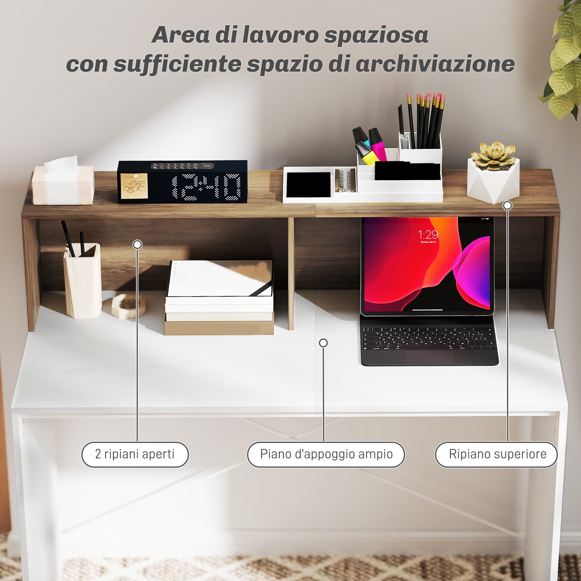 Modern PC Desk with Raised Top and 2 Shelves, in Chipboard, 110x50x102.6 cm, White, Brown and Walnut