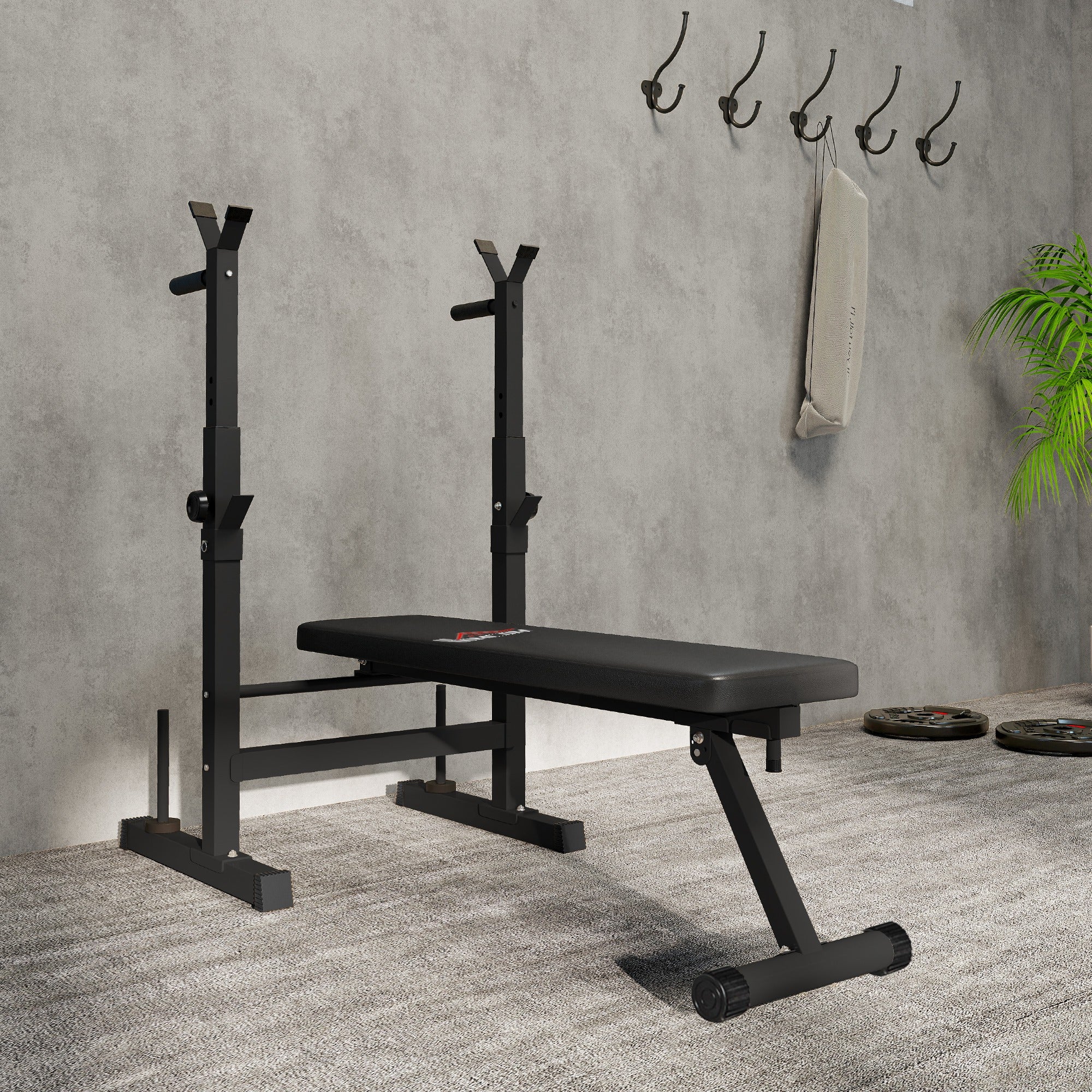 Folding Weight Bench with 8 Adjustable Heights and Steel and PU Barbell Rack, 140x73x98-122 cm, Black