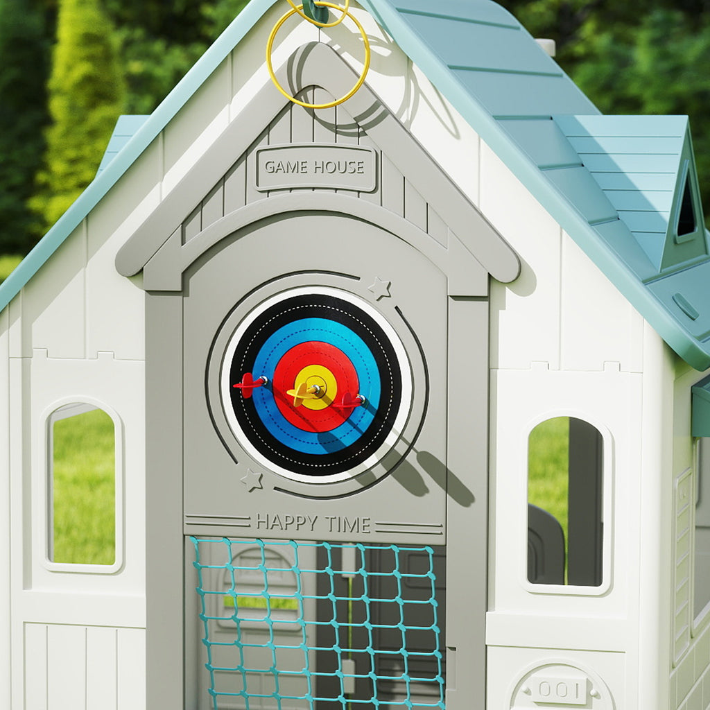 5-in-1 Children's Playhouse in Multi-Color PP with Basketball, Rings and Darts, 132x118x124 cm