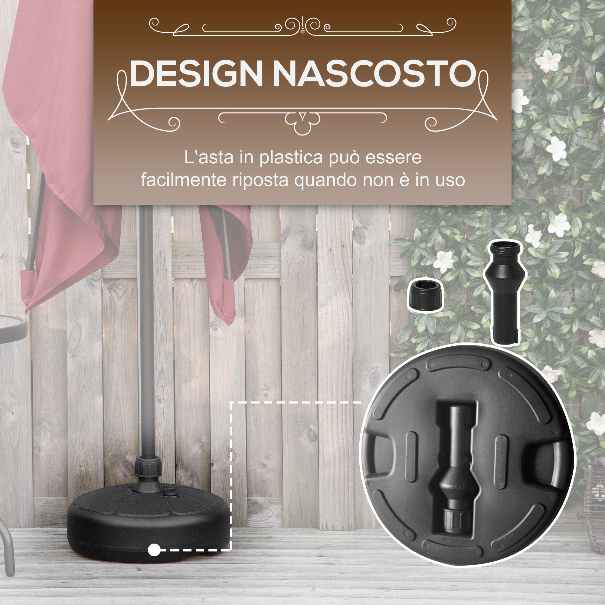 Round Umbrella Base in Plastic Fillable with Water and Sand, for 38 mm Poles, Ø38 cm, Black