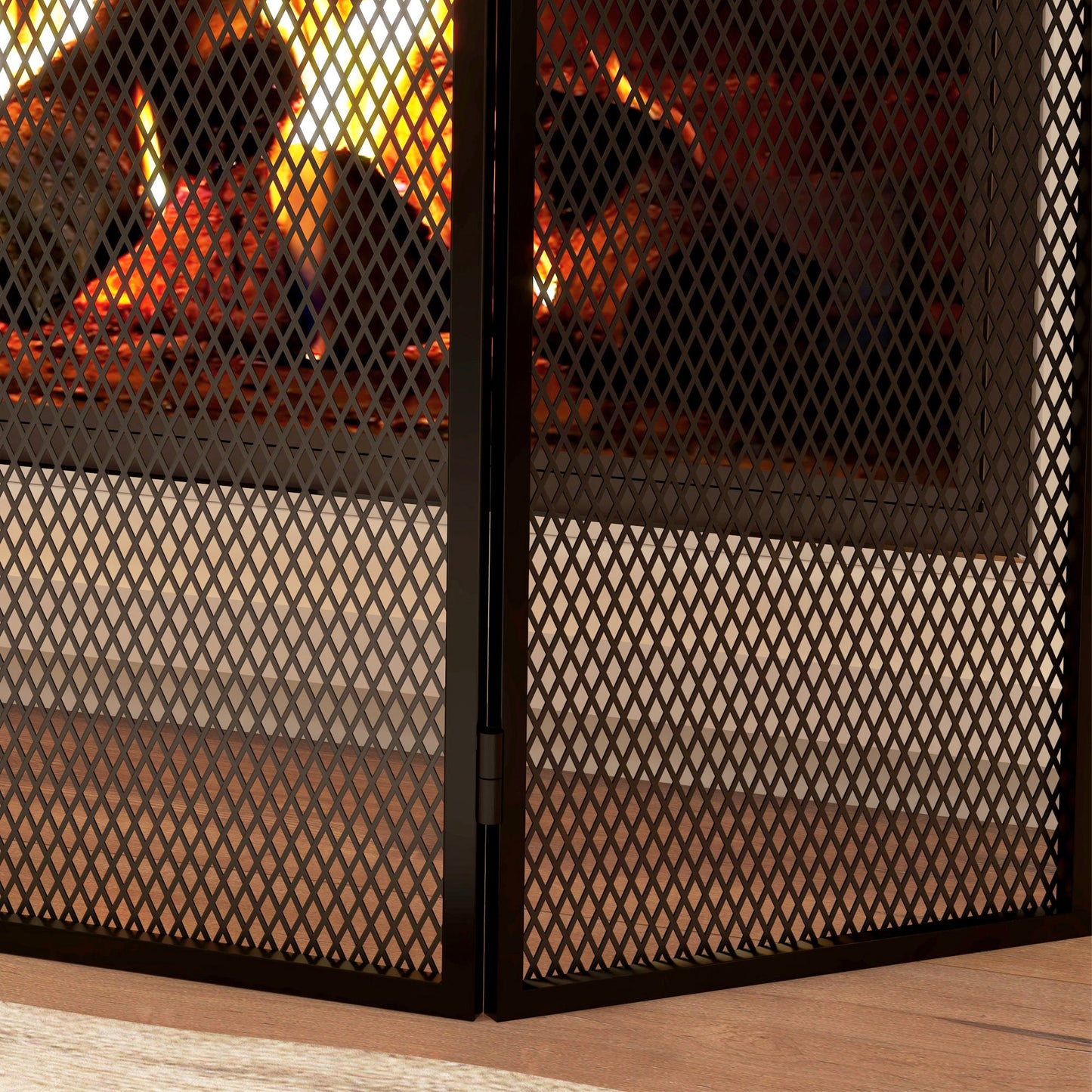 3-Panel Folding Fireplace Spark Screen in Metal with Classic Design, 96x60cm, Black