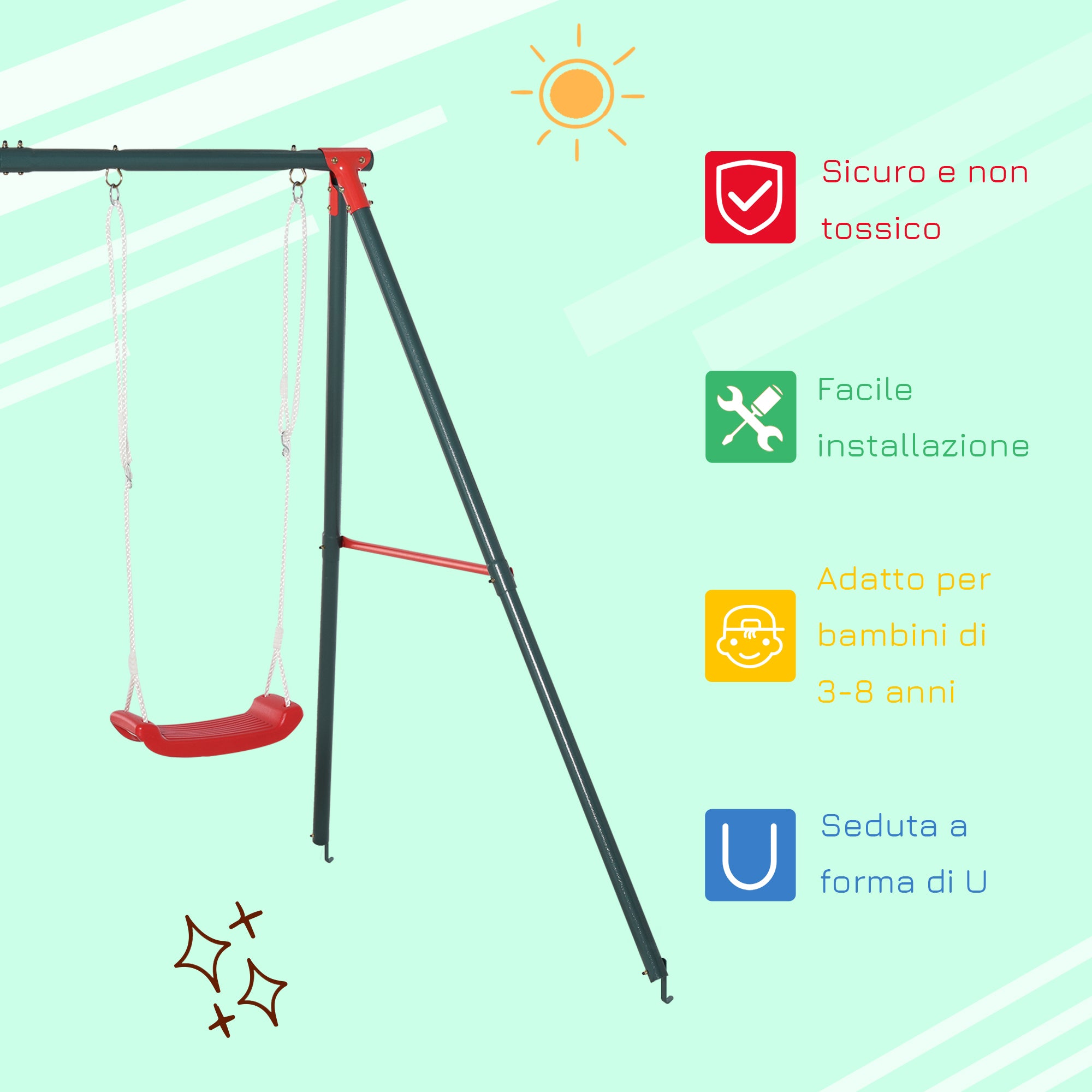 Outsunny Double Swing Set, Garden Swing for Children 3+ Years, Green and Red