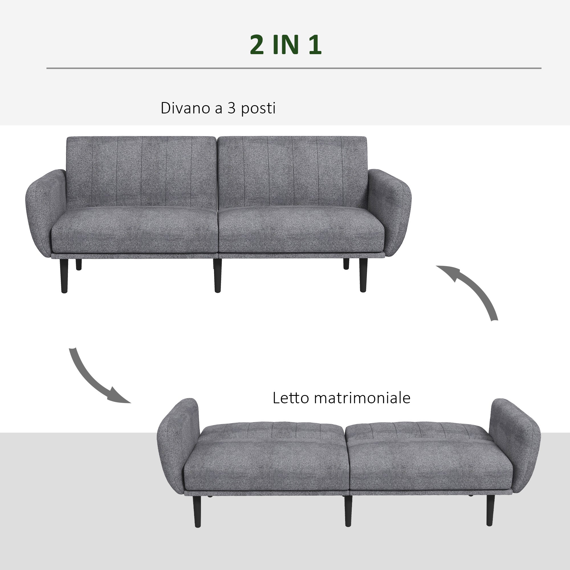 Homcom Sofa bed 3 seats with reclining backrest at 3 levels in fabric, 208x84x82cm, gray - Borgè