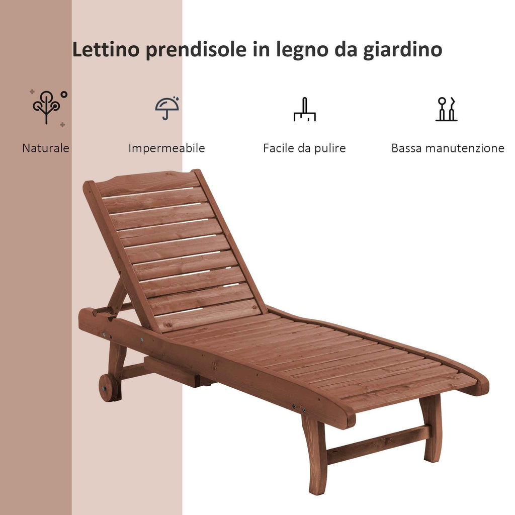 Outsunny Wooden Sun Lounger, Garden Lounger with Wheels and Removable Tray 182x60x35cm