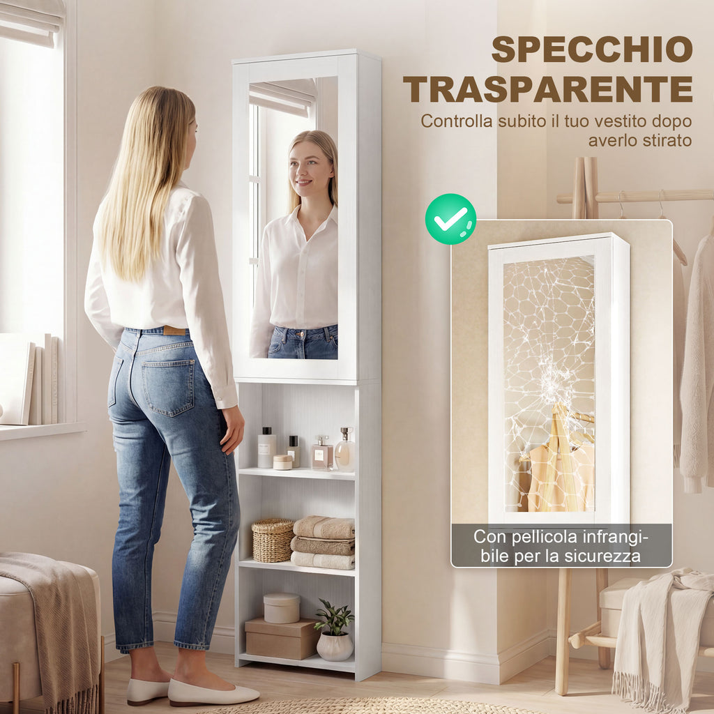 HOMCOM 6-Tier Folding Ironing Board with Mirror and 2 Hooks, Made of Wood and Polyester, 107x35x174 cm, White