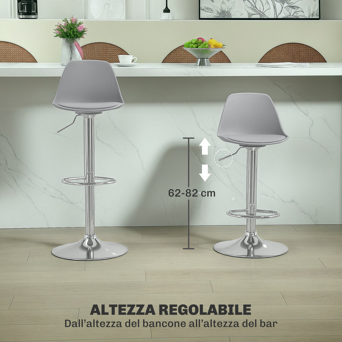 HOMCOM Set of 2 Bar Stools with Backrest and Footrest, in PP, PU Leather and Steel, 38x42x82-104 cm, Grey