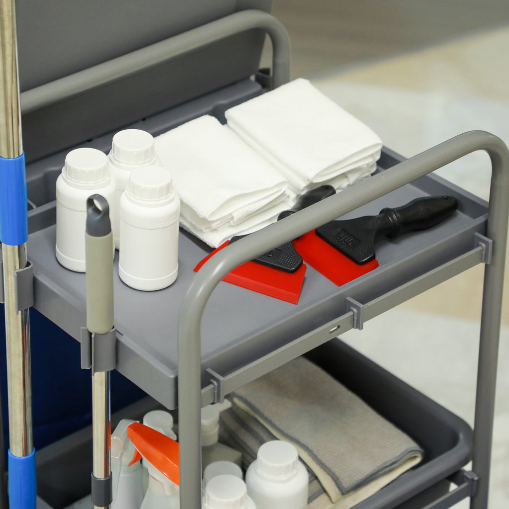 3-Tier Cleaning Trolley with Garbage Bag and Wringer, 111x63.3x103 cm, Grey, Blue and Orange