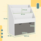 Children's Bookcase for 3-8 Years Old, 3 Shelves with Lower Drawer, MDF, 62.5x30x70 cm, Grey