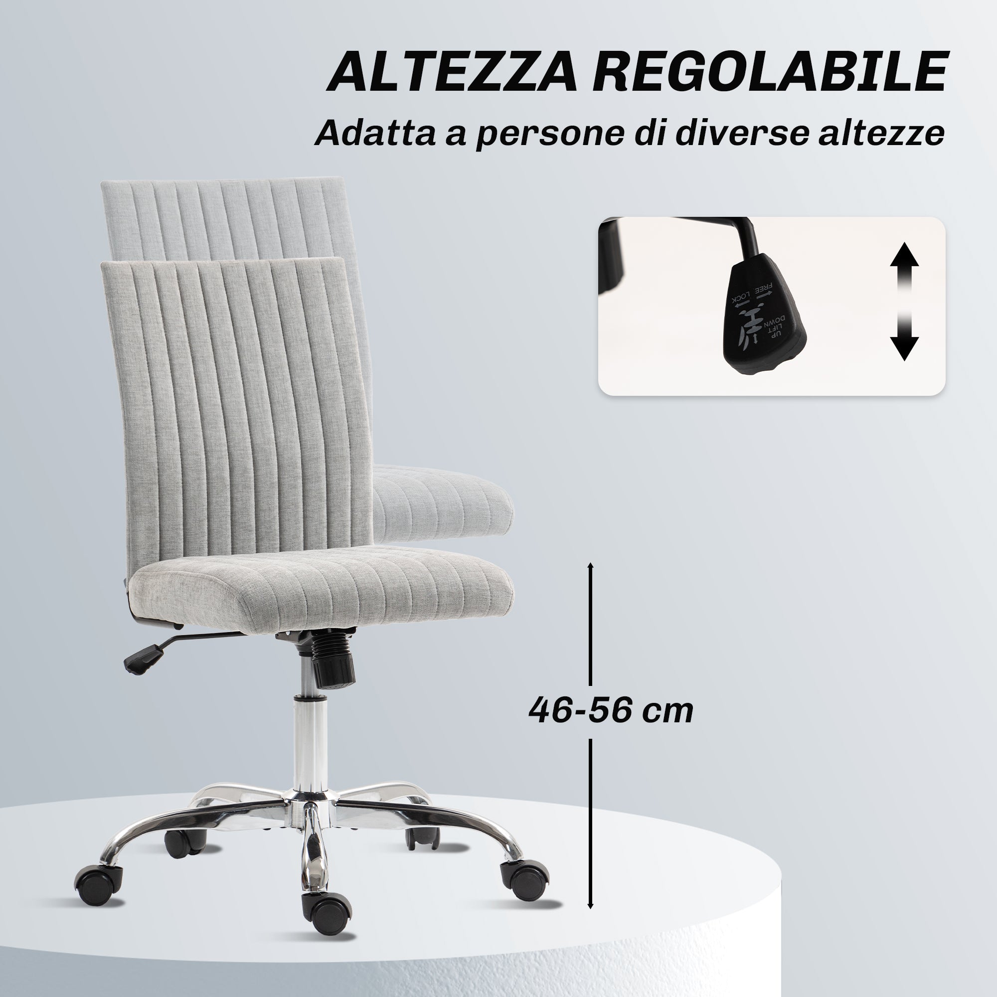 Armless Office Chair with Adjustable Height and Swivel Seat, Fabric Upholstery, Grey
