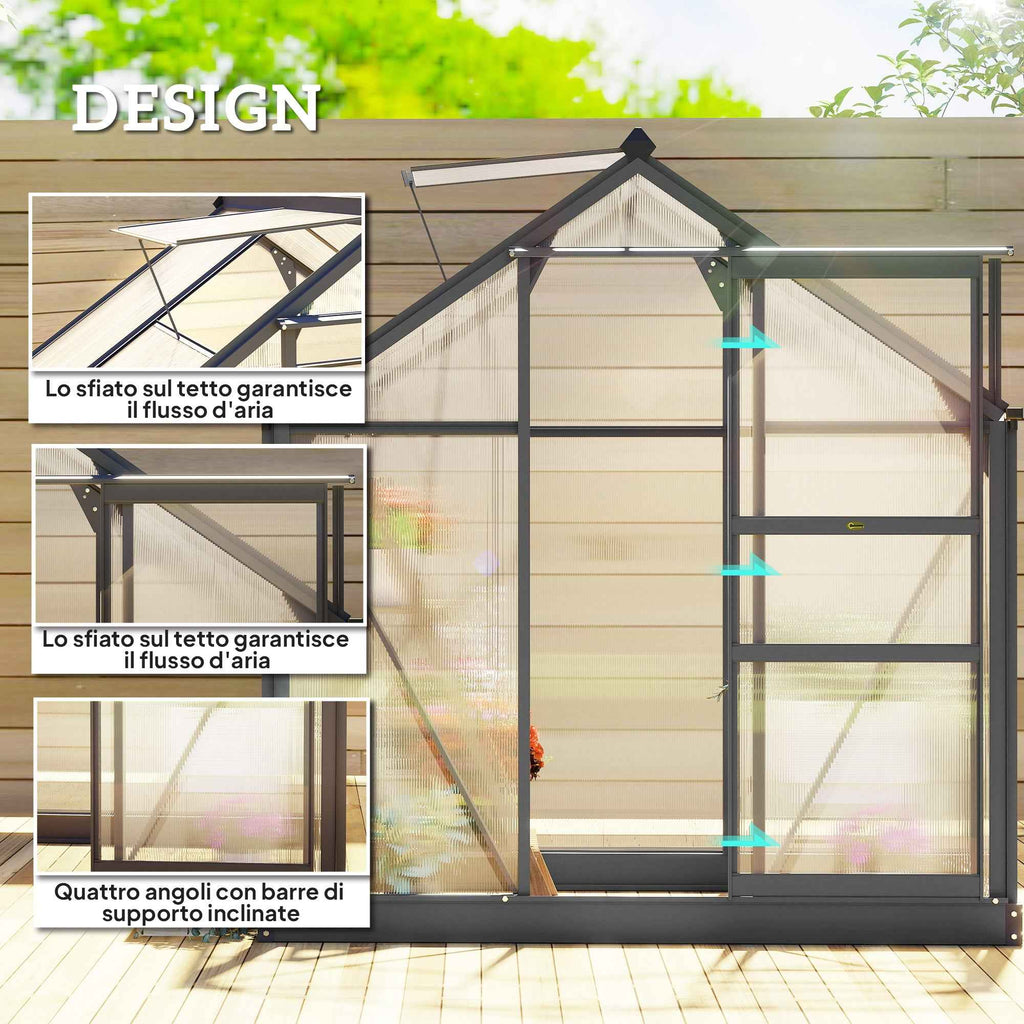 Outsunny Polycarbonate and Aluminum Garden Greenhouse with Sliding Door and Window, 190x132x201 cm, Gray