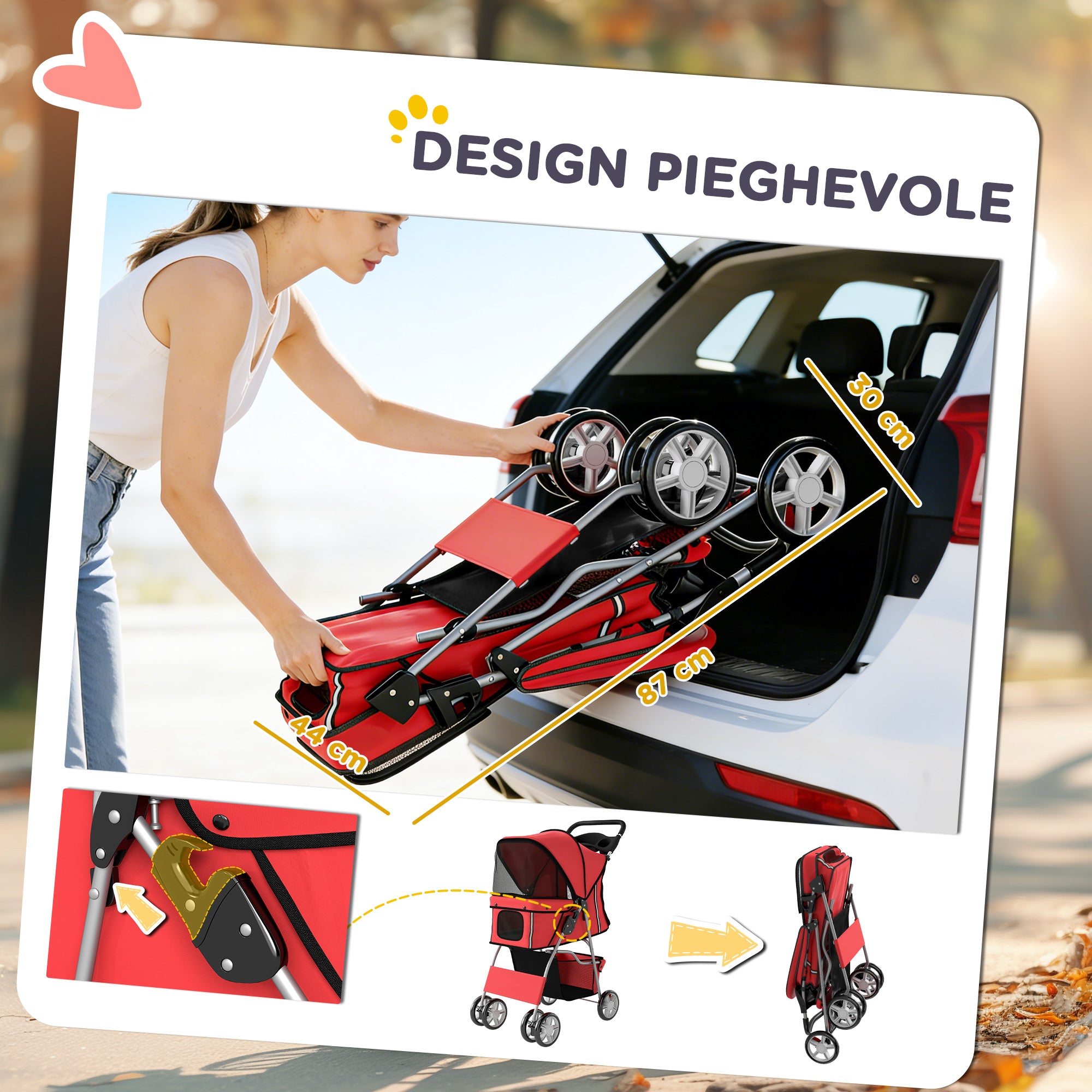 PawHut Folding Dog Stroller with Reflectors, Swivel Wheels, Brakes, and Washable Cushion, Red