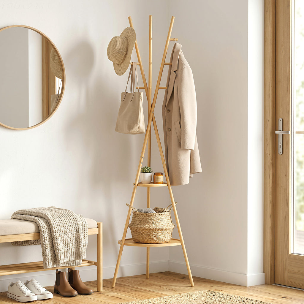 HOMCOM Clothes Tree with 9 Hooks and 2 Shelves, Natural