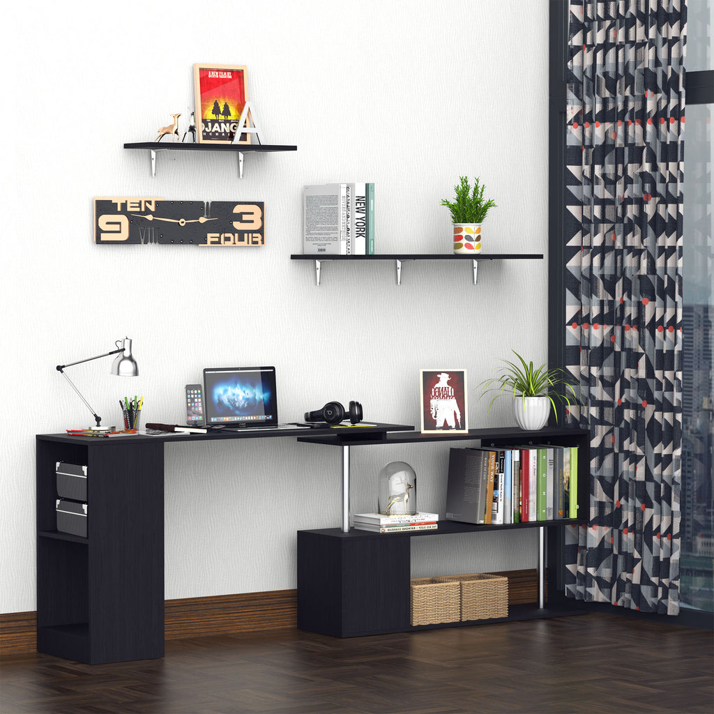 Space-Saving Corner Desk with S-Shaped Shelf, Modern Wooden Desk, 140x120x78 cm, Black