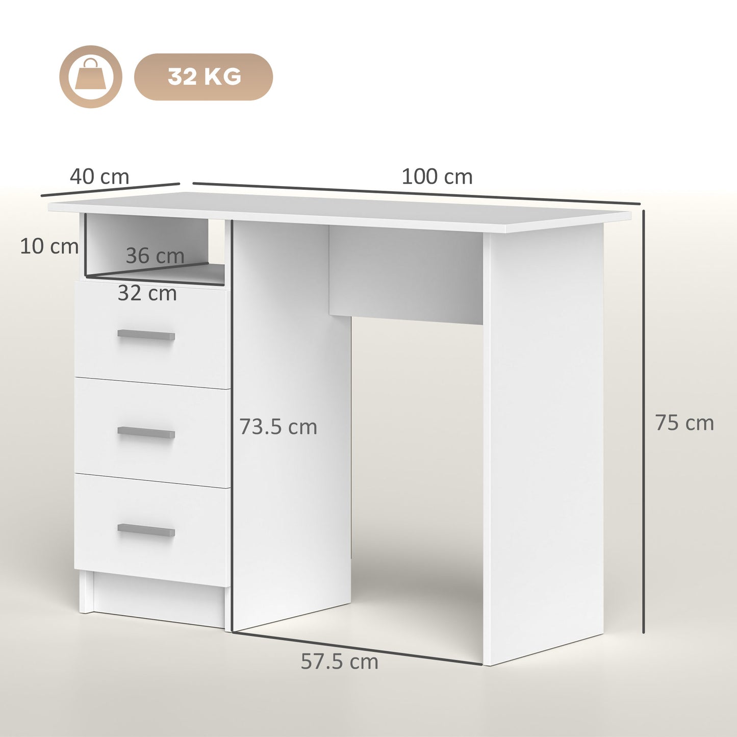 Modern Wooden Desk with 3 Drawers and Open Shelf, 100x40x75 cm, White