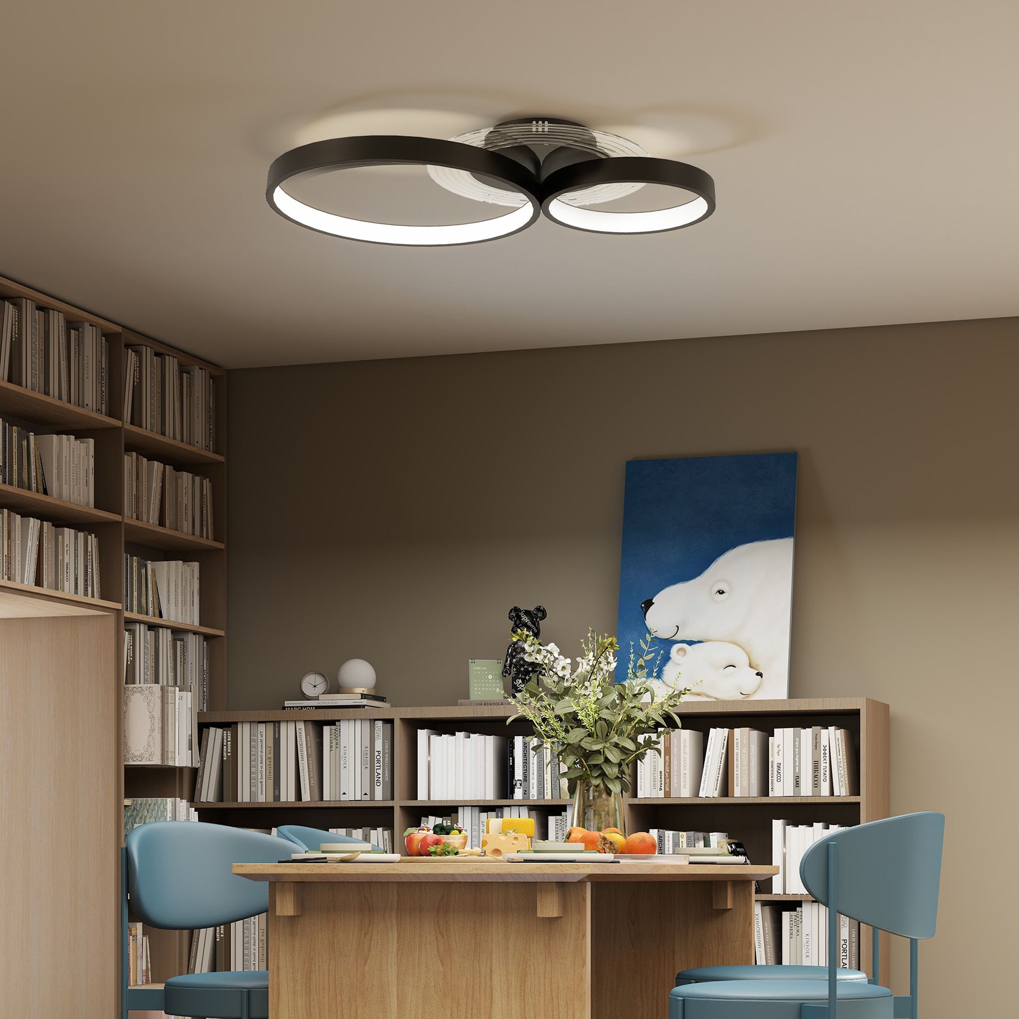 Modern 3-Ring LED Ceiling Light with Adjustable Brightness, 40W Power, Black