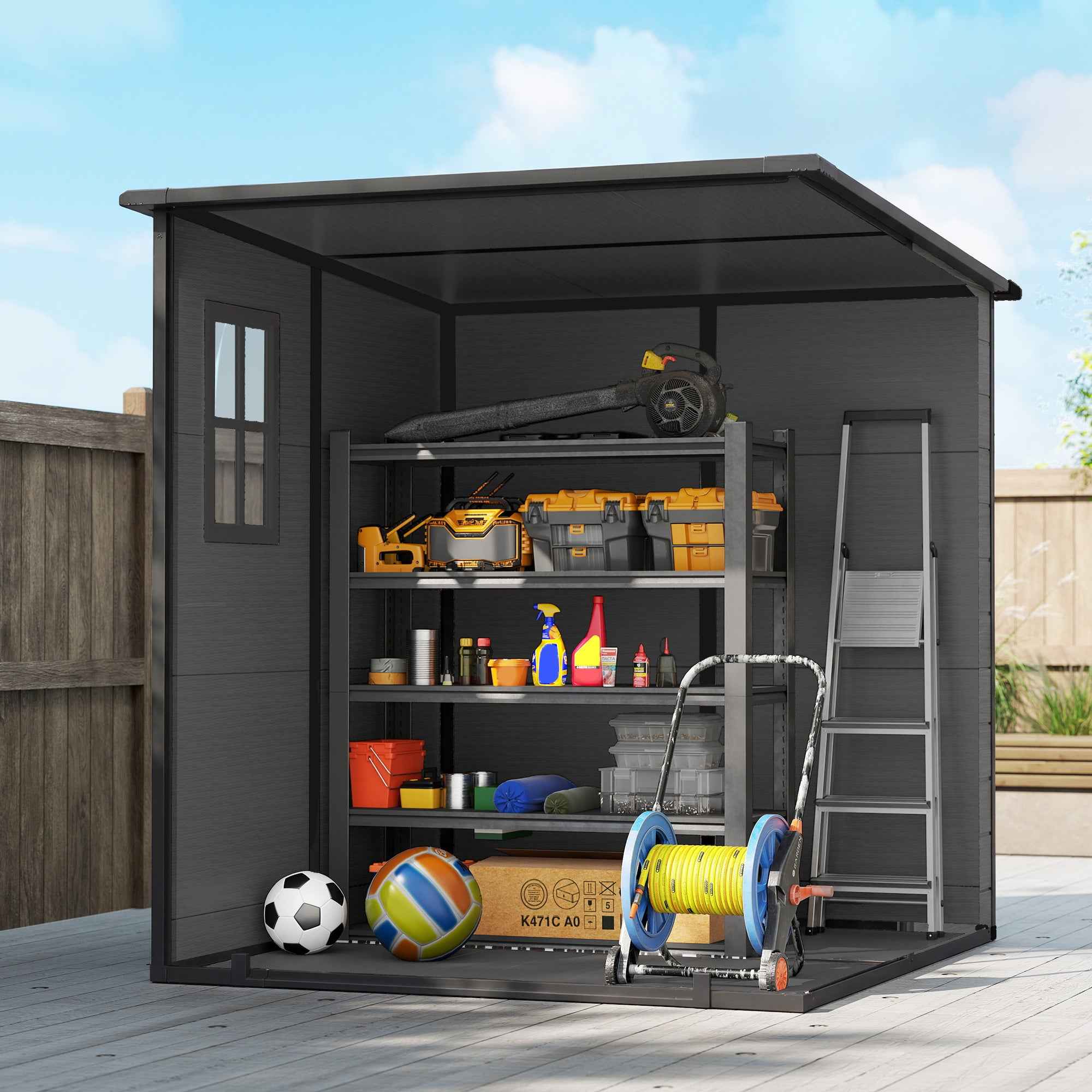 Garden Shed with 2 Entrances, 3 Windows and Air Vents, in PP and Aluminum, 182x182x196 cm, Dark Grey