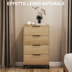 4-Drawer Chest of Drawers Anti-Tip with Black Handles, in Wood and Metal, 62x35x105 cm, Light Brown