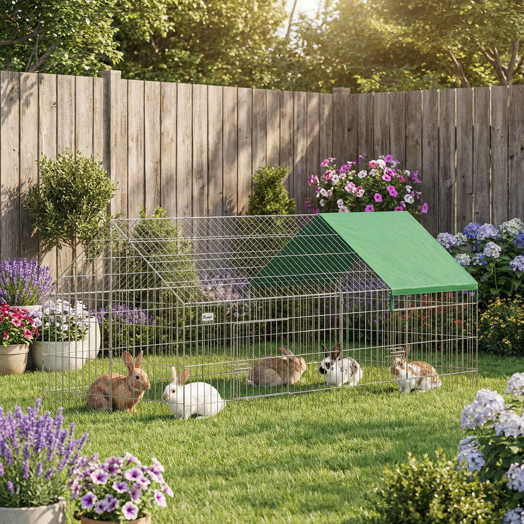 PawHut Outdoor and Indoor Rabbit and Chicken Cage with Sunshade and Metal Grille, for Small Animals, Ducks, Chickens, 180x75x75 cm, Green