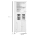 Mobile Pantry with 2 Open Shelves and 2 Cabinets with Doors, in MDF and Glass, 60x30x162 cm, White