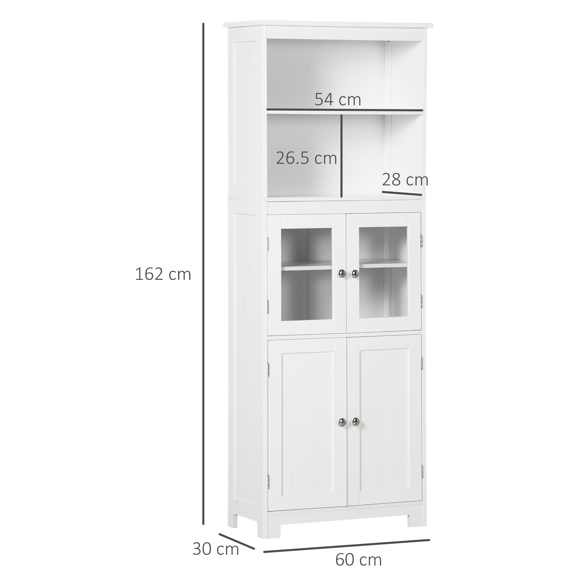 Mobile Pantry with 2 Open Shelves and 2 Cabinets with Doors, in MDF and Glass, 60x30x162 cm, White