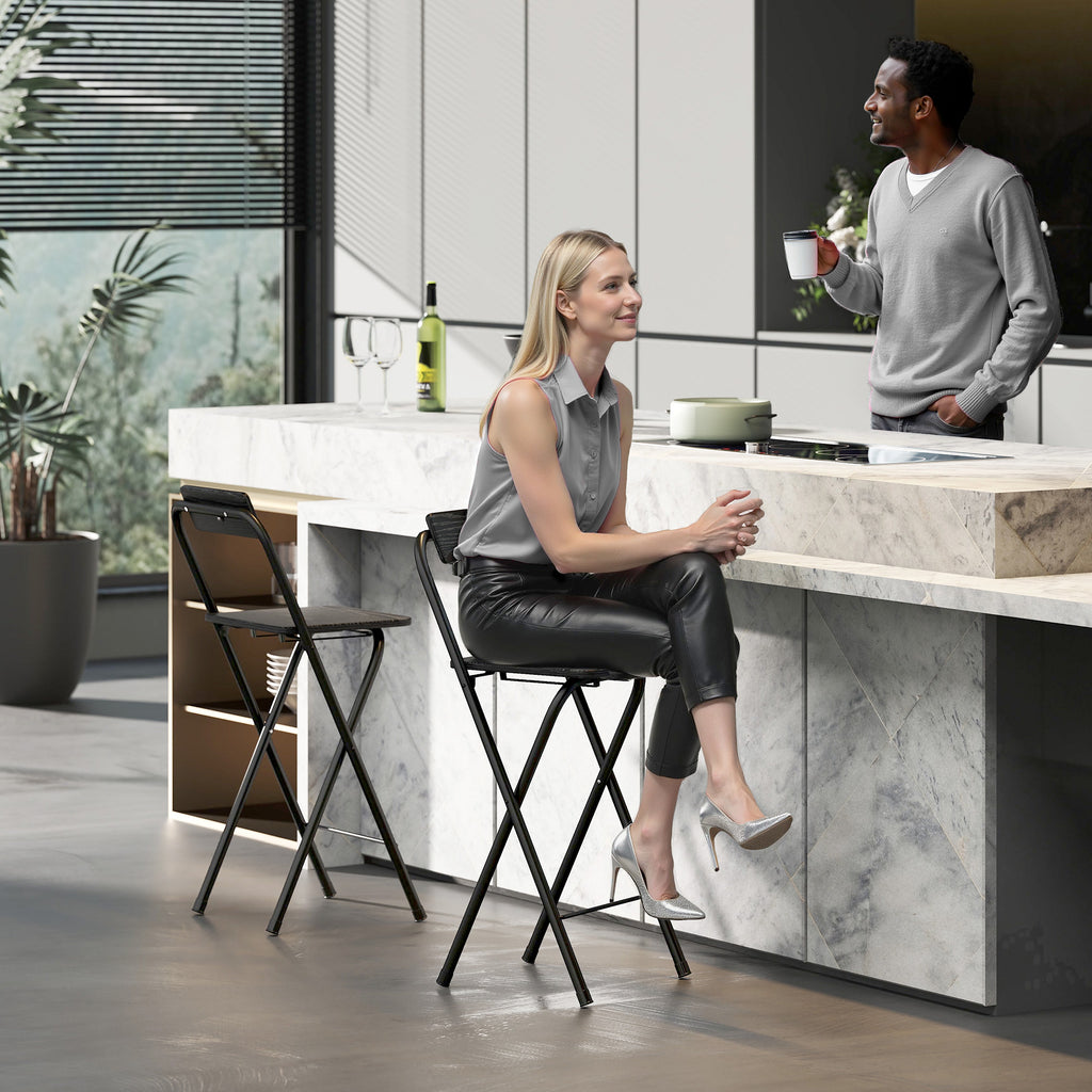 Set of 2 Folding Bar Stools with Footrest, Wood and Steel, 37x45x87 cm, Black