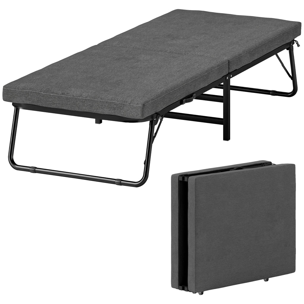 Folding Bed on 5 Levels with Mattress and 4 Casters, in Metal and Linen Effect Fabric, 180x70x38 cm, Gray